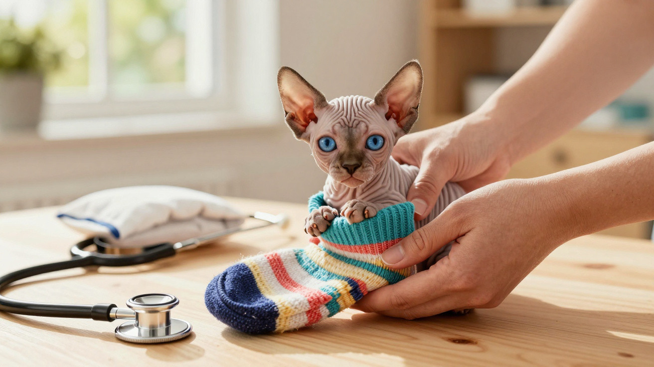 Gato Sphynx com olhos azuis a ser vestido com uma meia colorida por duas mãos sobre uma mesa de madeira.