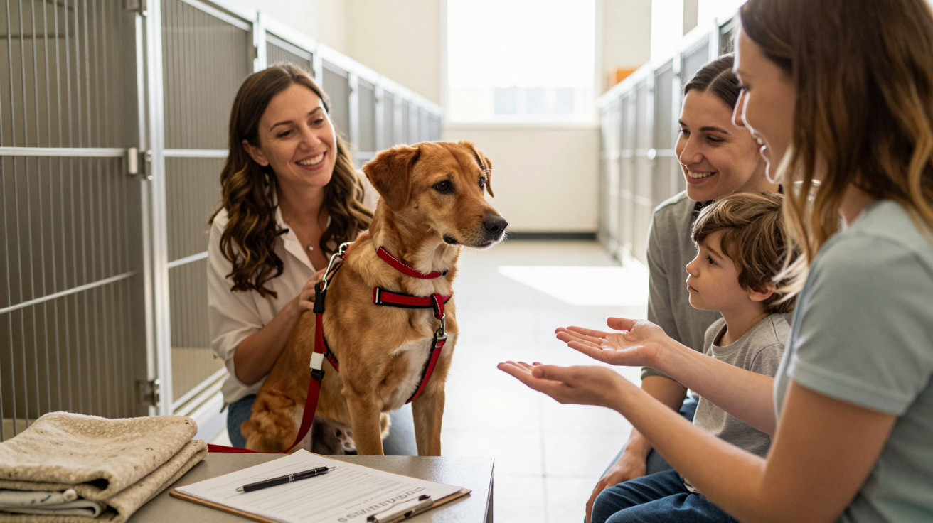 Duas mulheres e uma criança interagem com um cão num canil, com documento sobre uma mesa à frente.