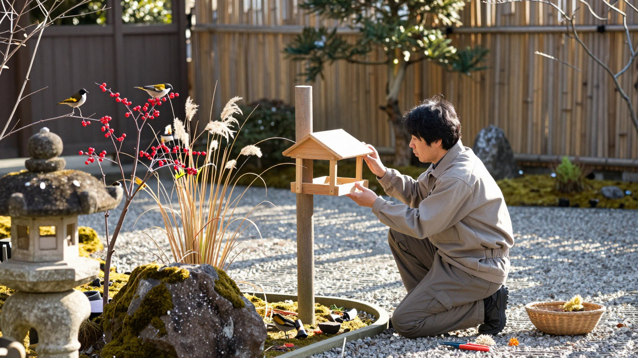 Homem a instalar um comedouro de pássaros em jardim tradicional japonês com gravações e pedras.
