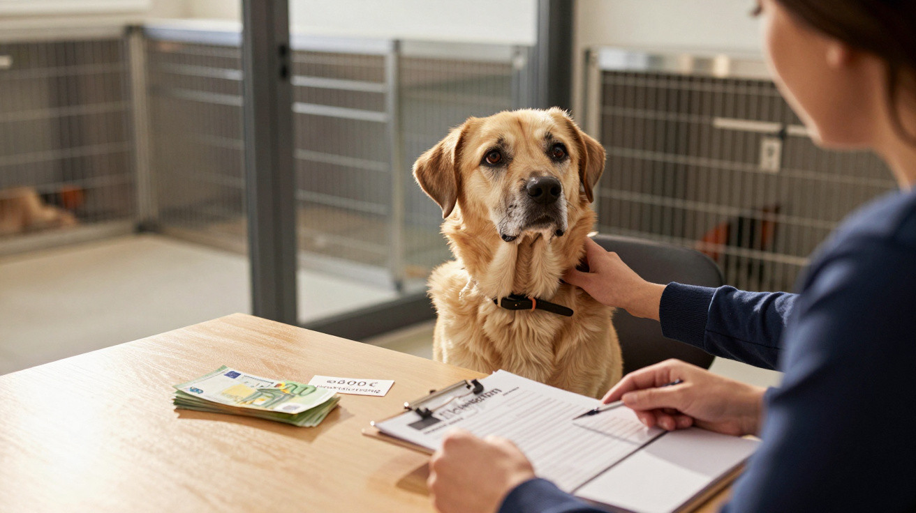 Cão castanho sentado diante de uma mulher que preenche um formulário numa clínica veterinária.