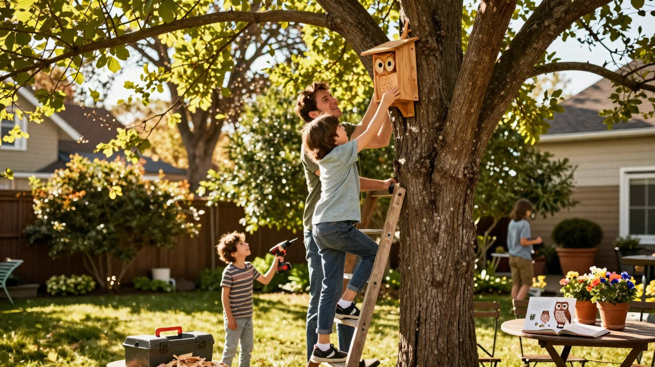 Pai e filhos montam uma casa de pássaros numa árvore no jardim durante um dia de sol.