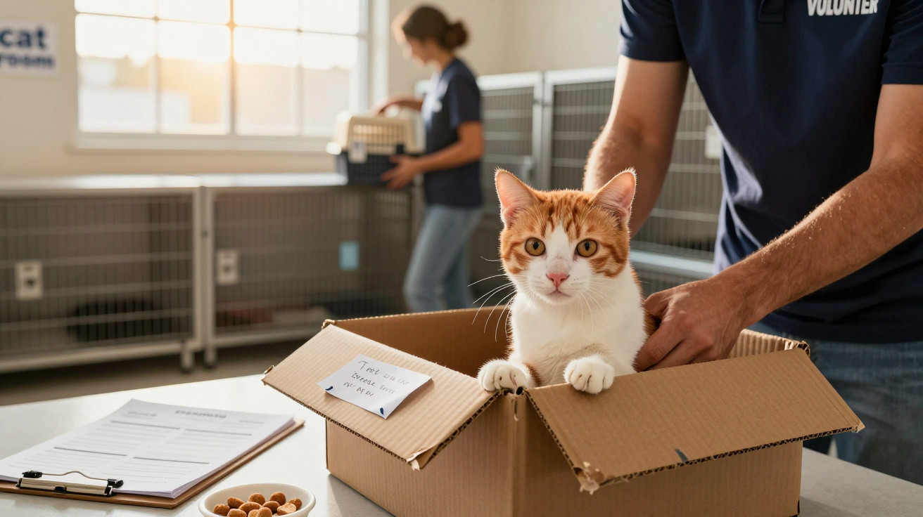Gato laranja dentro de caixa de cartão em abrigo, com voluntários ao fundo a cuidar de animais.