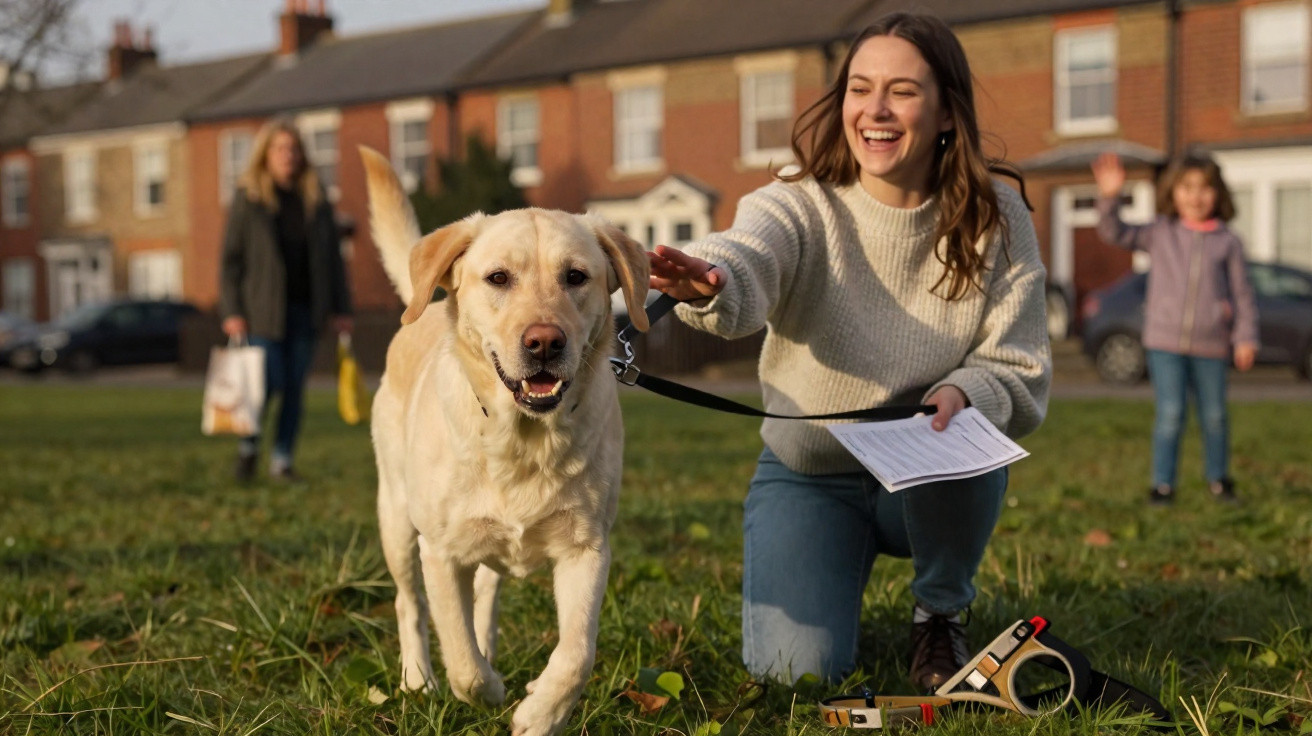 Mulher sorridente agachada a passear um cão labrador amarelo num parque com edifícios ao fundo.