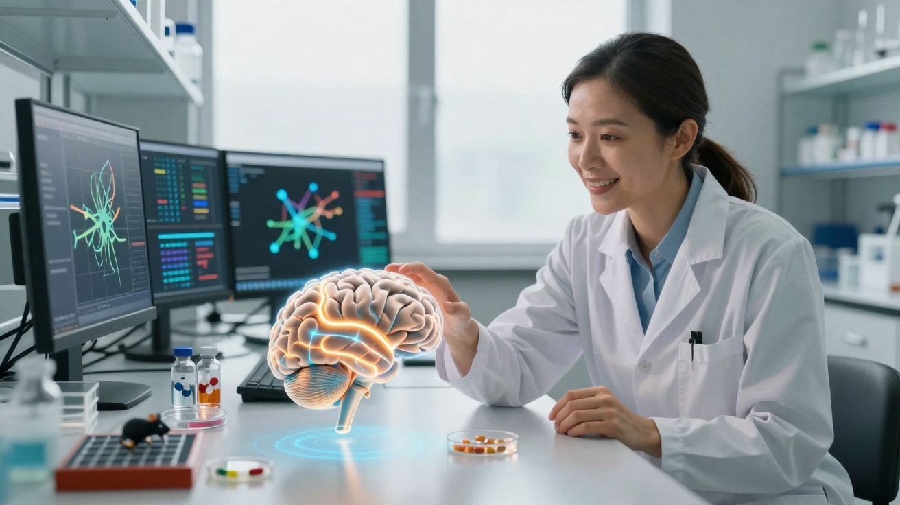 Cientista em laboratório analisa modelo digital 3D de cérebro com dados em monitores ao lado.