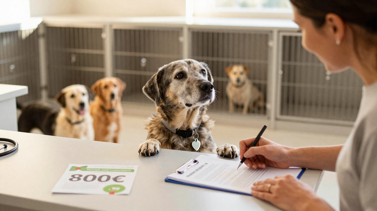 Cão com coleira junto ao balcão de uma clínica veterinária enquanto pessoa escreve em papel.