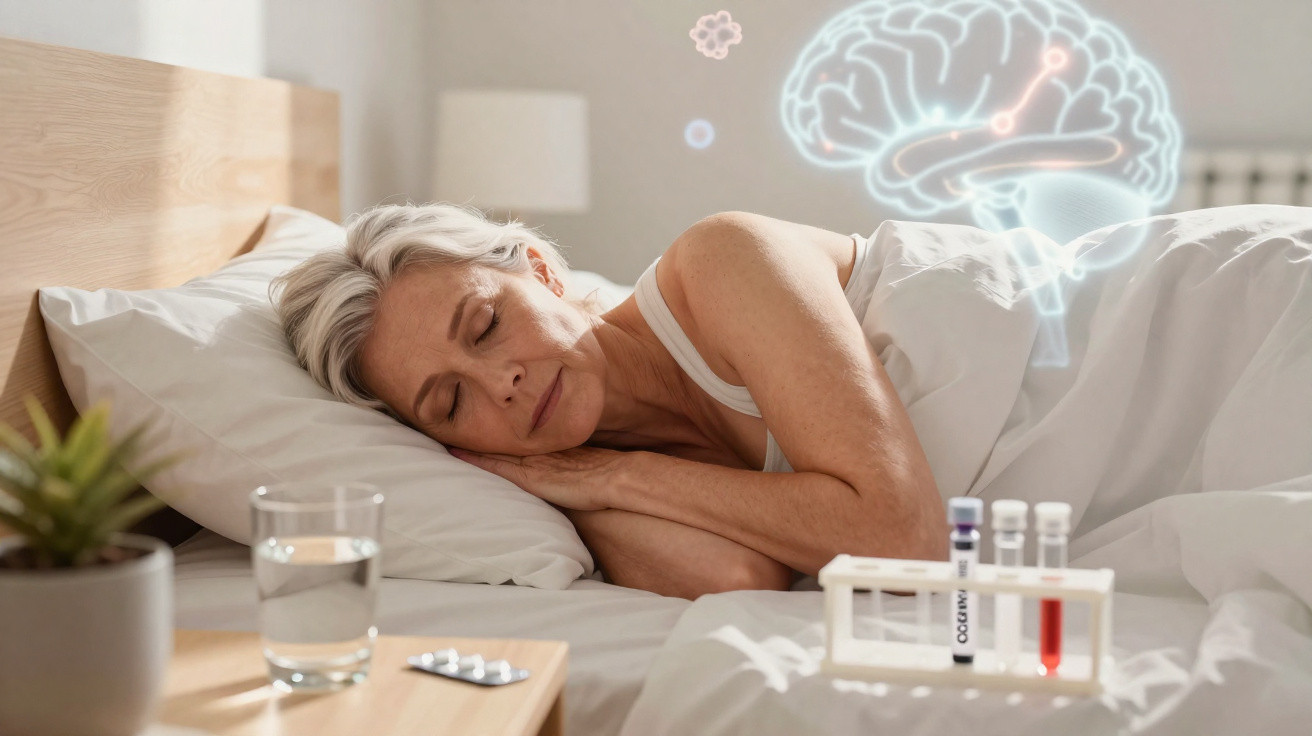Mulher idosa a dormir na cama, com remédios e copo de água na mesa, holograma do cérebro ao lado.