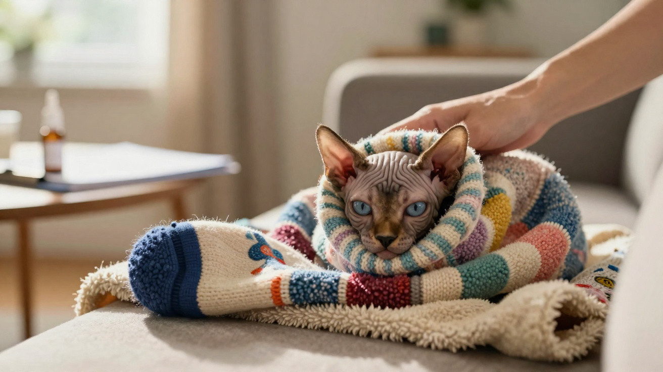 Gato sphynx enrolado em manta colorida, com mão humana a aconchegá-lo no sofá.
