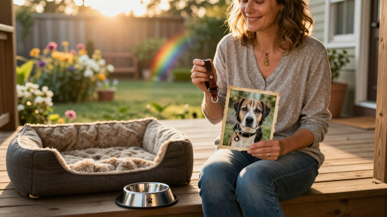 Mulher sentada ao ar livre com fotografia e coleira do cão, junto a cama e comedouro vazios.