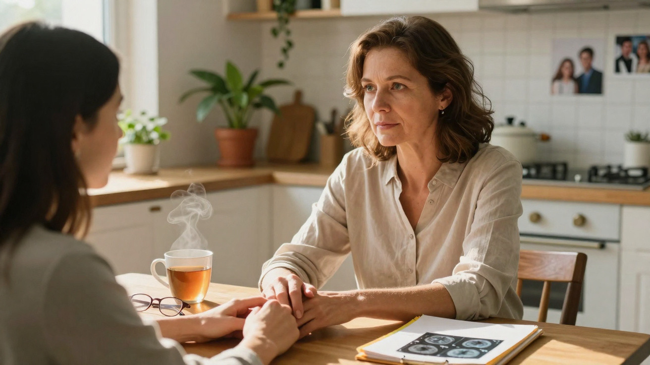 Duas mulheres sentadas à mesa na cozinha, uma consola a outra segurando-lhe as mãos.