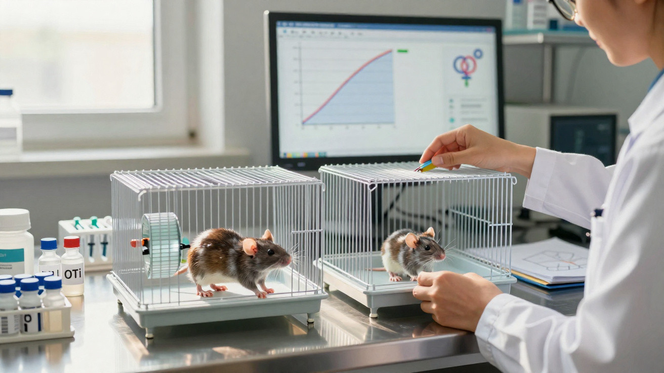 Cientista em laboratório com dois ratos em gaiolas, computador com gráficos ao fundo.