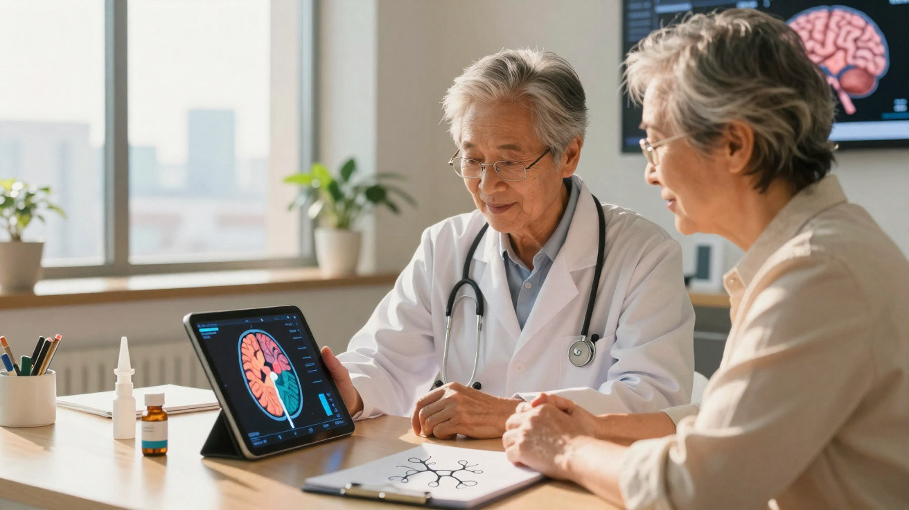 Médico a explicar exame cerebral a paciente idosa numa consulta numa sala iluminada.