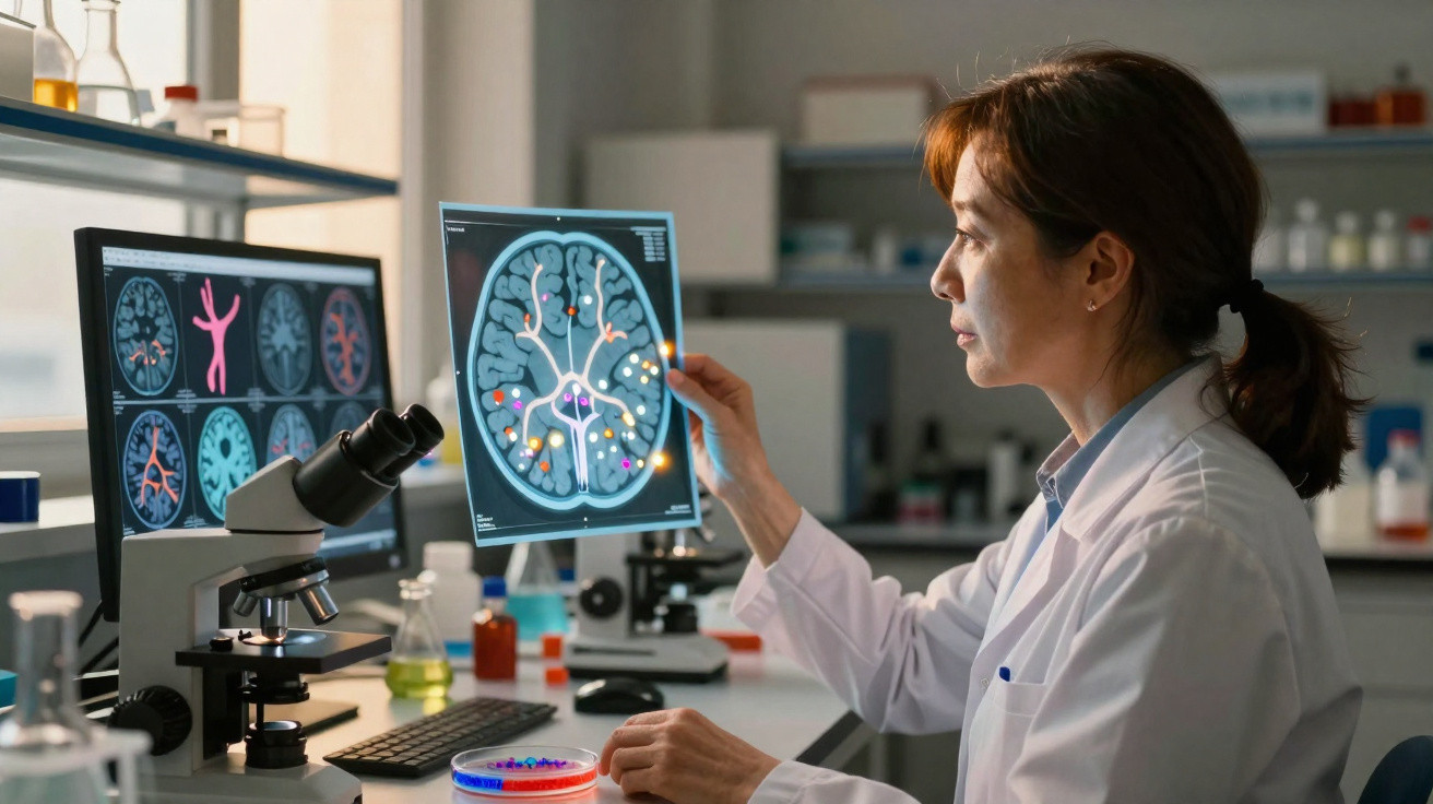 Cientista em laboratório analisa imagem digital de um cérebro enquanto trabalha com microscópio e equipamentos.