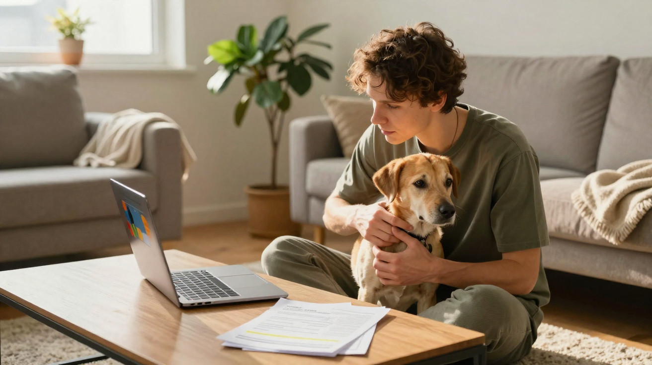 Pessoa sentada no chão da sala com cão ao colo, laptop e documentos na mesa de centro.