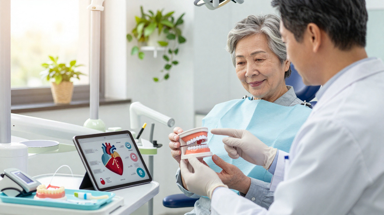 Dentista mostra modelo de dentes a paciente sénior durante consulta numa clínica moderna.