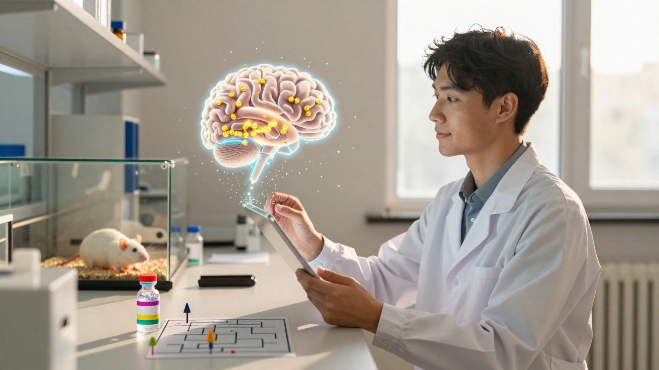 Cientista em bata branca a estudar cérebro holográfico num laboratório com rato em gaiola ao lado.