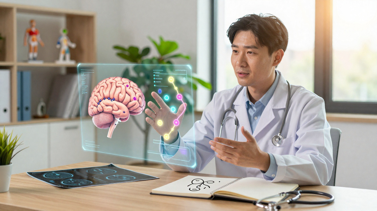 Médico a explicar visualização holográfica do cérebro e mão com conexões neurais num consultório iluminado.
