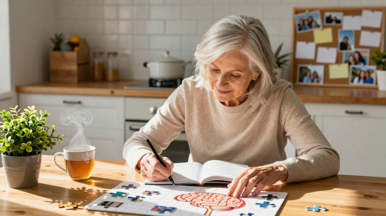 Mulher idosa sentada à mesa a montar um puzzle ilustrando um cérebro e a fazer anotações num caderno.