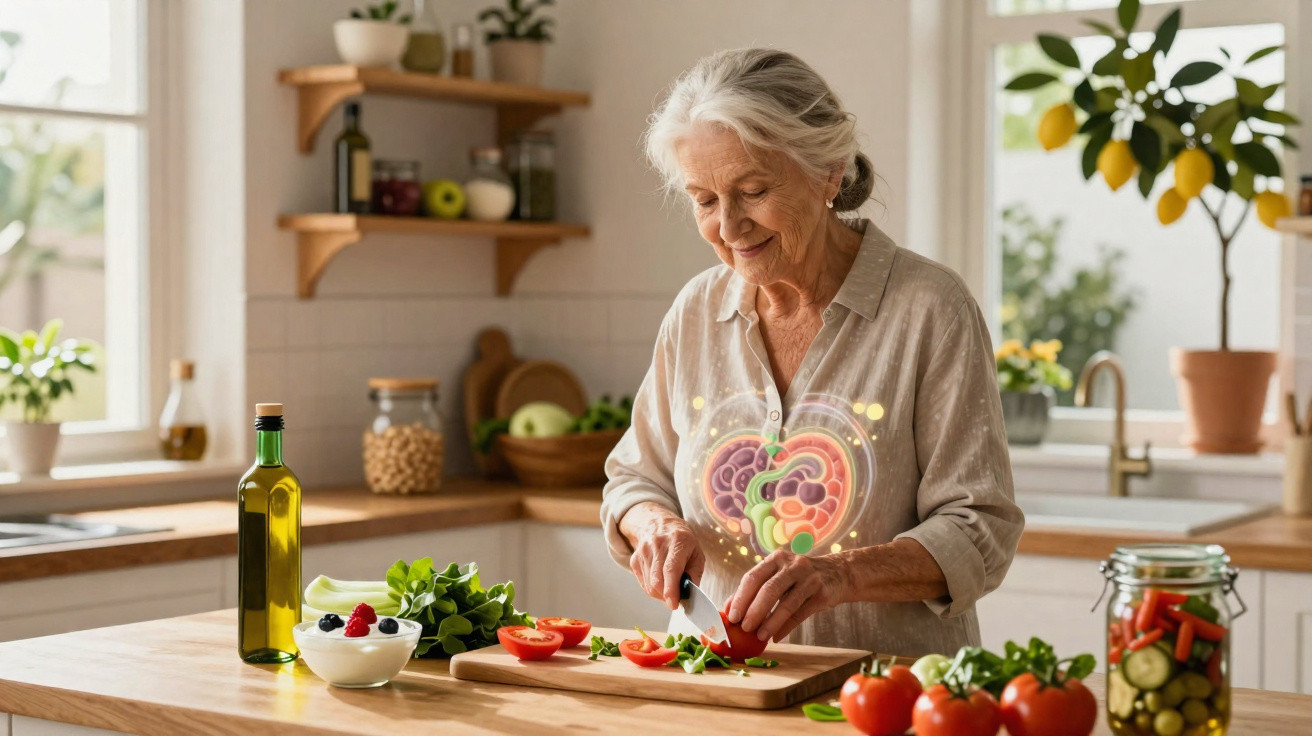Mulher idosa a cortar tomate na cozinha com ilustração dos intestinos sobre o peito, simbolizando saúde intestinal.