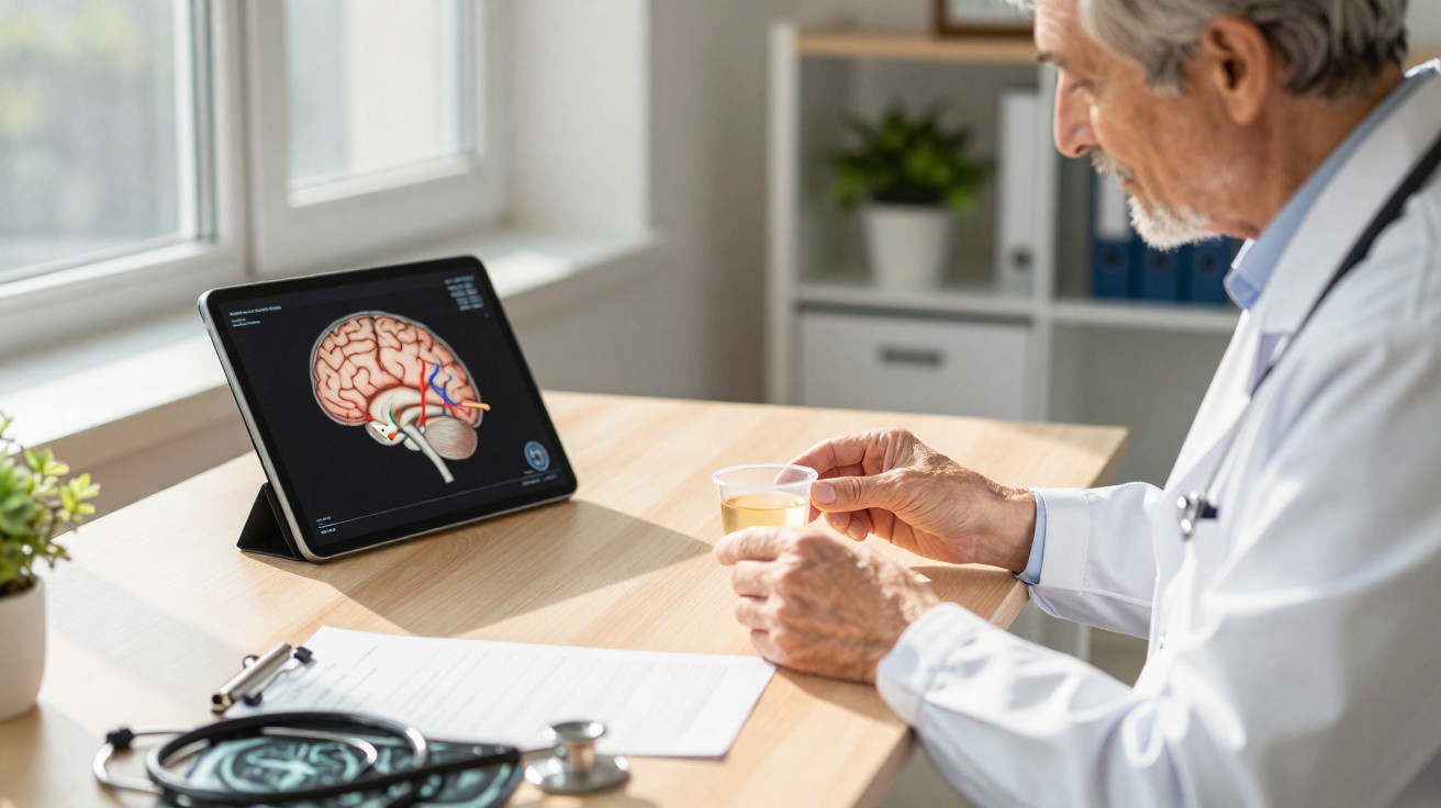 Médico sénior sentado numa mesa com um tablet que mostra uma imagem anatómica do cérebro humano.