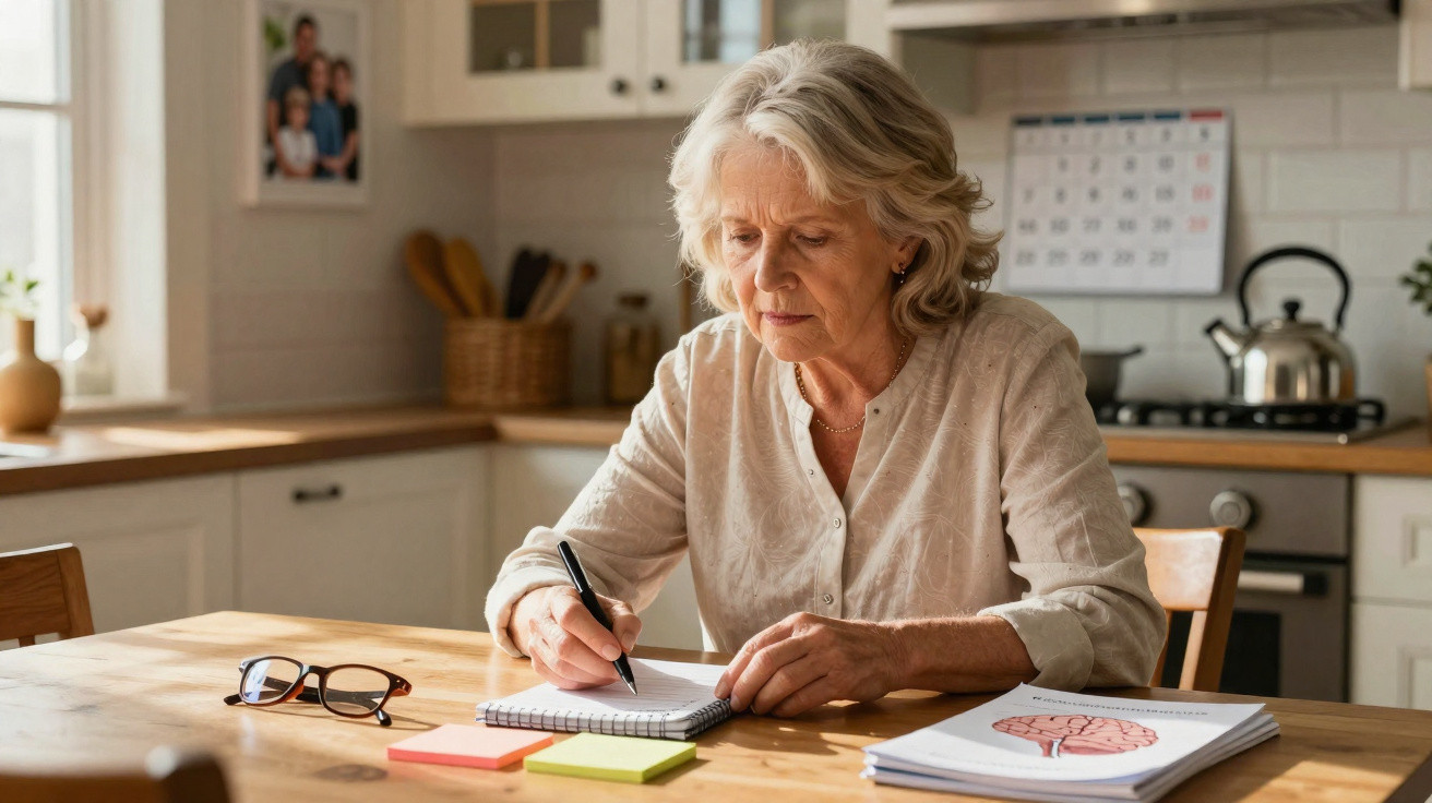 Mulher idosa a escrever num caderno numa cozinha, com óculos e materiais de estudo sobre a mesa.