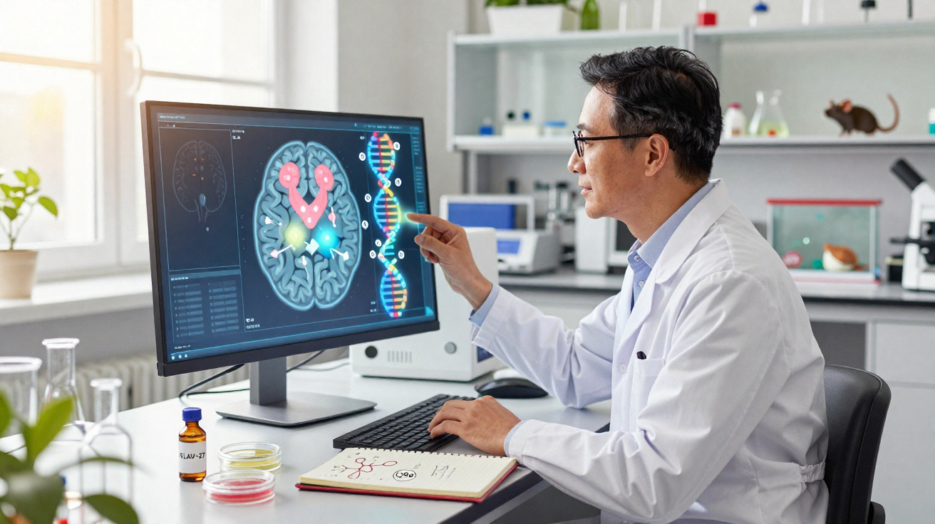 Cientista a analisar imagens digitais do cérebro e DNA numa sala de laboratório moderna.