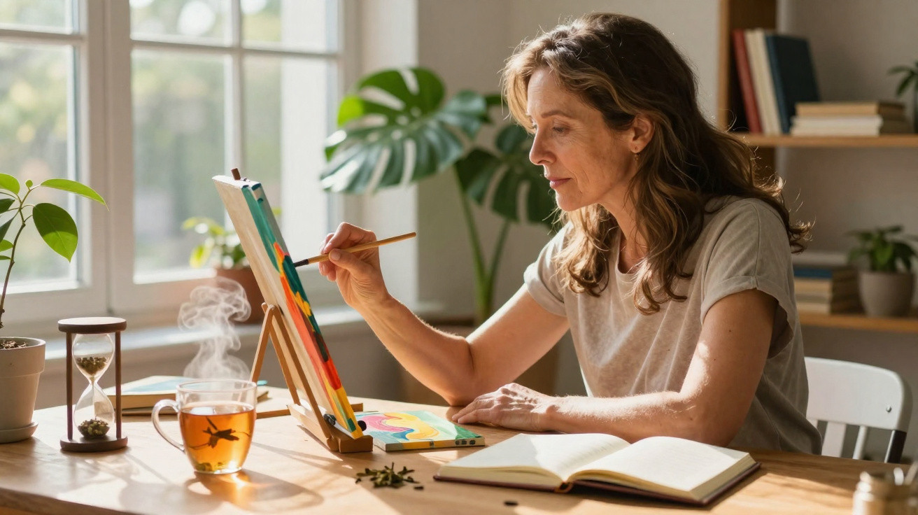 Mulher a pintar numa tela num ambiente iluminado com livros, chá quente e plantas ao redor.