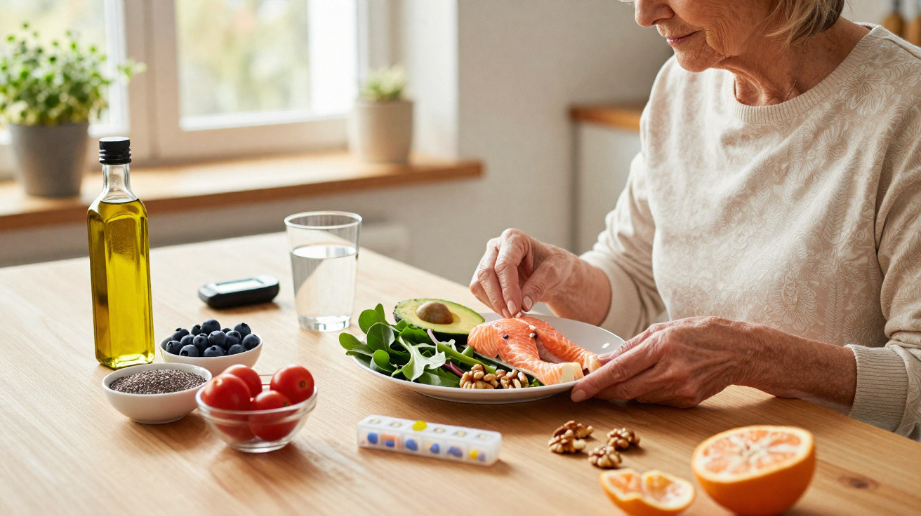Mulher idosa a preparar refeição saudável com salmão, abacate e vegetais numa mesa com frutas e frutos secos.