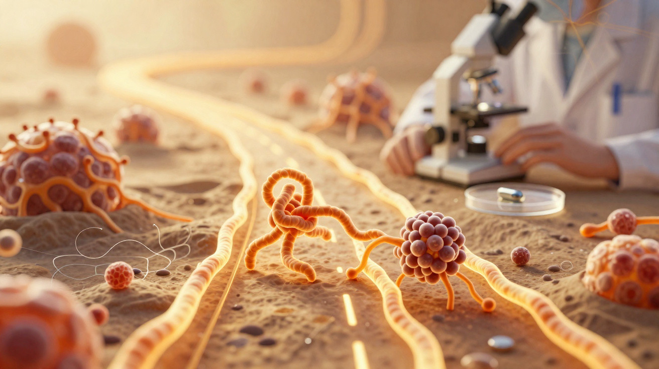 Ilustração 3D de estruturas microscópicas em ambiente celular com um microscópio e mãos ao fundo.