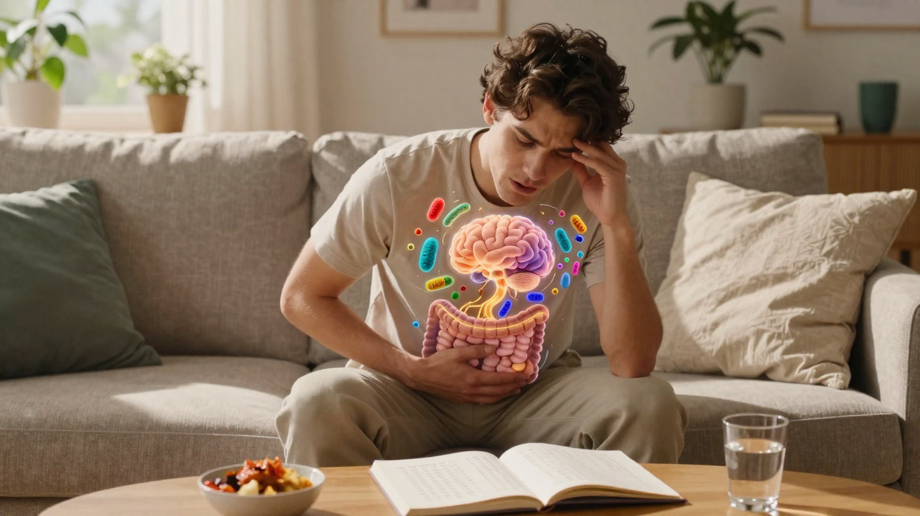 Homem sentado no sofá com dor de estômago, com ilustração do cérebro e intestinos sobrepostos.