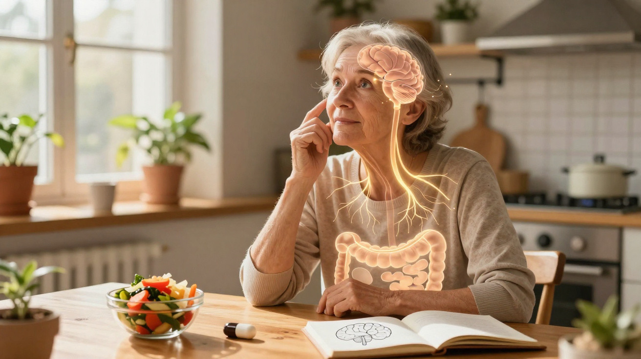 Mulher idosa sentada à mesa com ilustrações do cérebro e intestinos sobrepostas, refletindo saúde mental e digestiva.