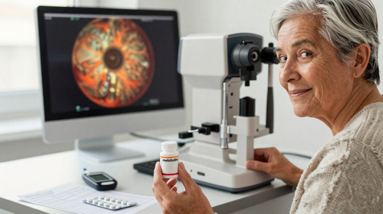 Mulher idosa numa consulta de oftalmologia a segurar frasco de medicamento com imagem de olho no ecrã.