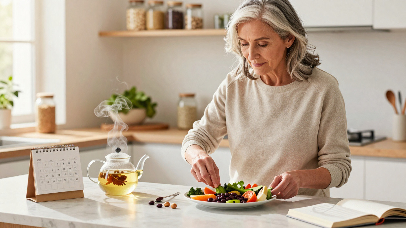 Mulher madura prepara salada saudável na cozinha moderna com chaleira de chá fumegante ao lado.