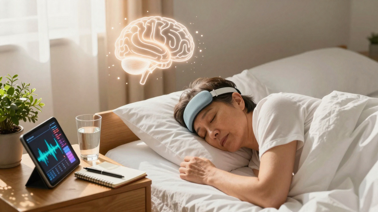 Mulher a dormir com faixa cerebral, monitorização de sono num tablet ao lado da cama.