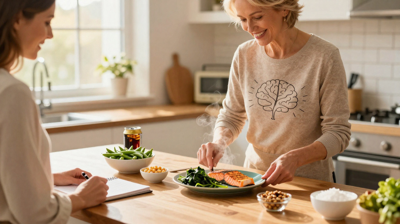 Duas mulheres preparam uma refeição saudável na cozinha, com salmão, legumes e verduras.