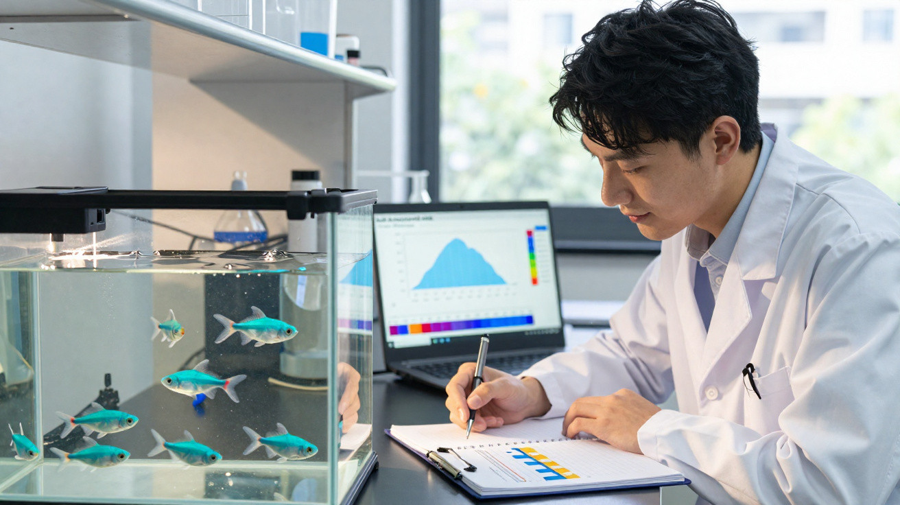 Cientista em bata branca observa peixes em aquário enquanto regista dados num laboratório.