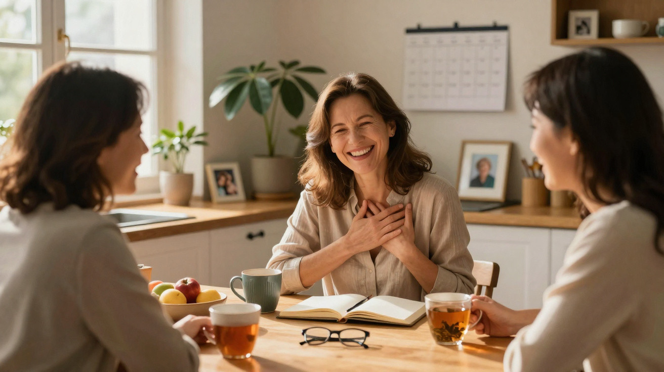 Três mulheres sentadas à mesa a beber chá, sorrindo e a conversar numa cozinha iluminada.