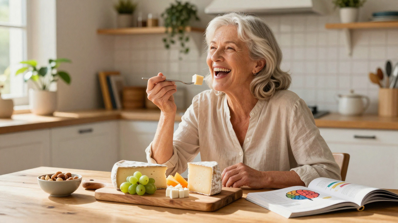 Mulher sénior sorridente a comer queijo numa cozinha moderna com frutas e livro aberto à frente.