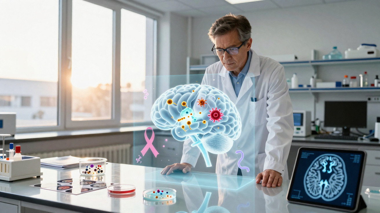 Cientista em laboratório a analisar imagem digital de cérebro com vírus e câncer.