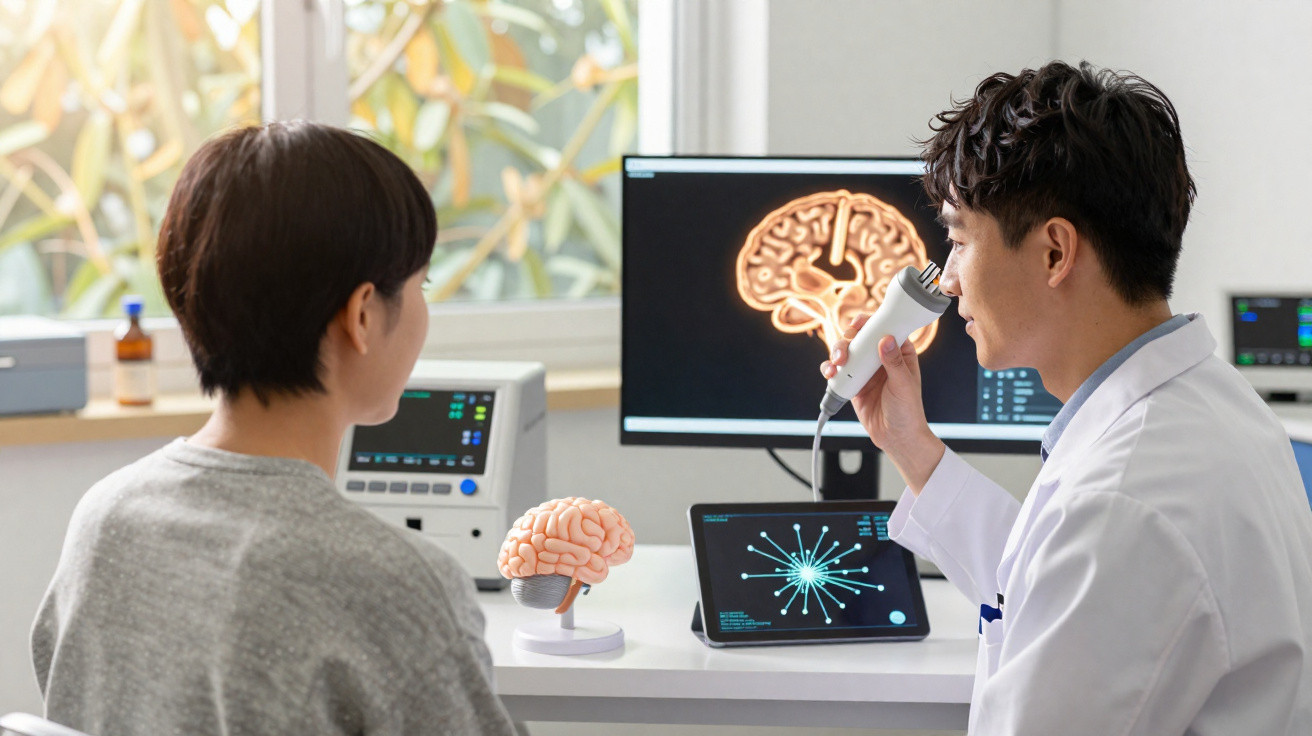 Médico neurológico com estetoscópio cerebral realizando exame a paciente numa clínica moderna com imagens do cérebro.