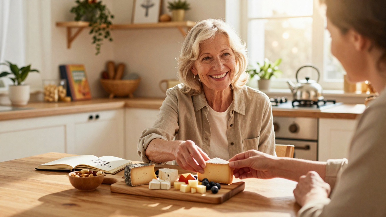 Duas mulheres partilham queijo e conversam alegremente numa cozinha luminosa e acolhedora.