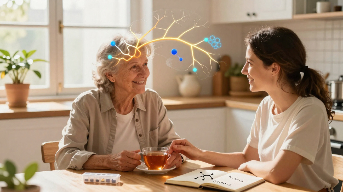 Mulher jovem e idosa conversam, com chá e medicamentos numa cozinha, com ilustração de neurónios entre elas.