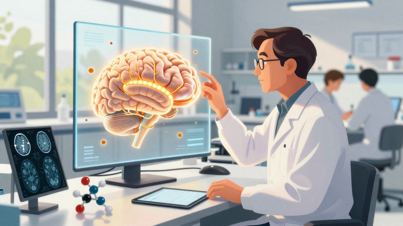 Cientista analisa modelo digital do cérebro humano num laboratório moderno e equipado.