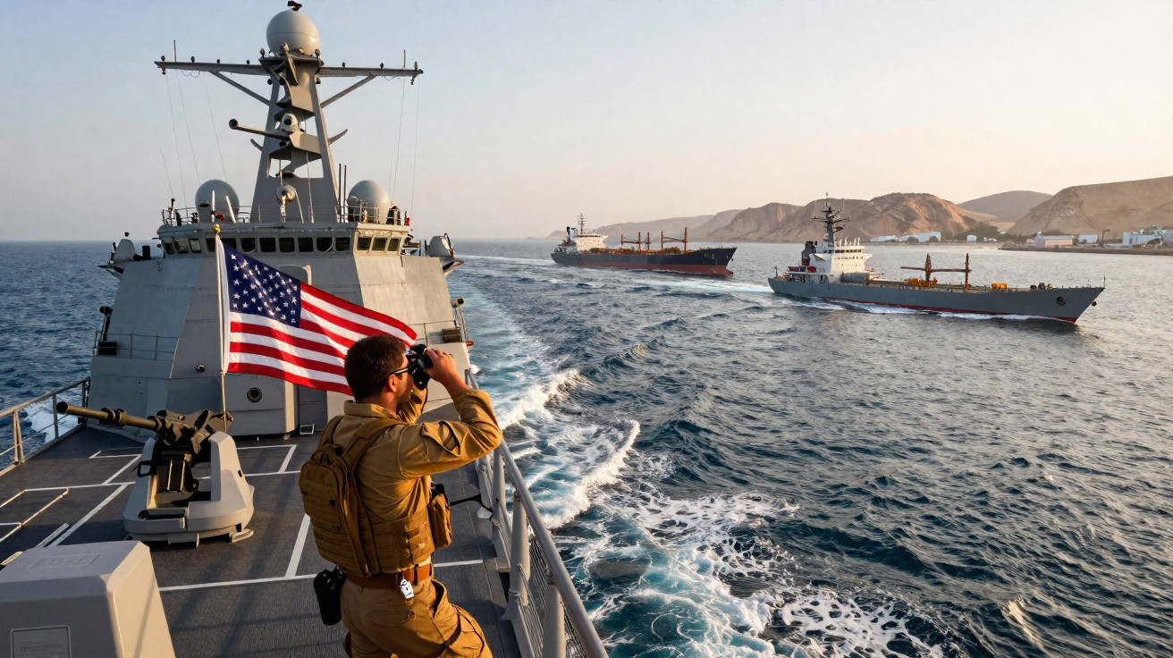 Marinheiro americano observa dois navios de carga no mar junto a uma costa montanhosa ao pôr do sol.