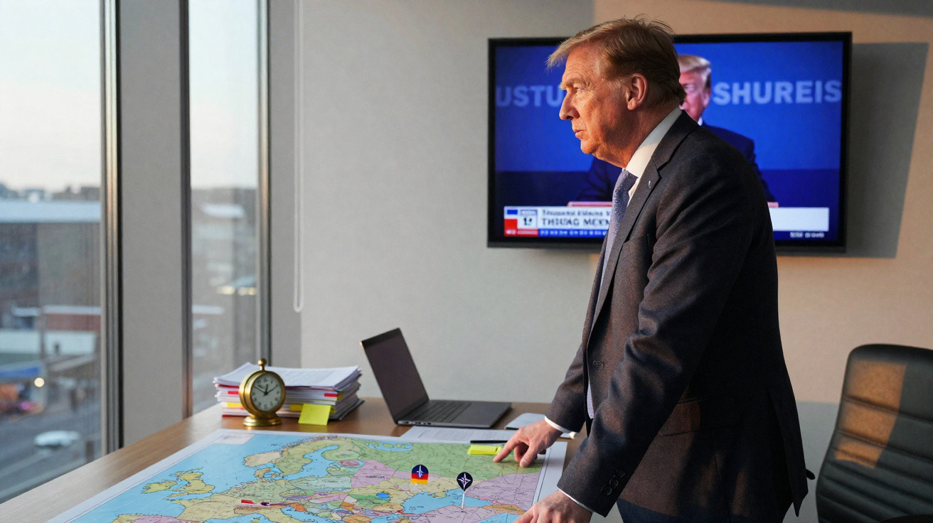 Homem de fato observa mapa da Europa numa mesa, com computador portátil e relógio, junto a janela ampla.