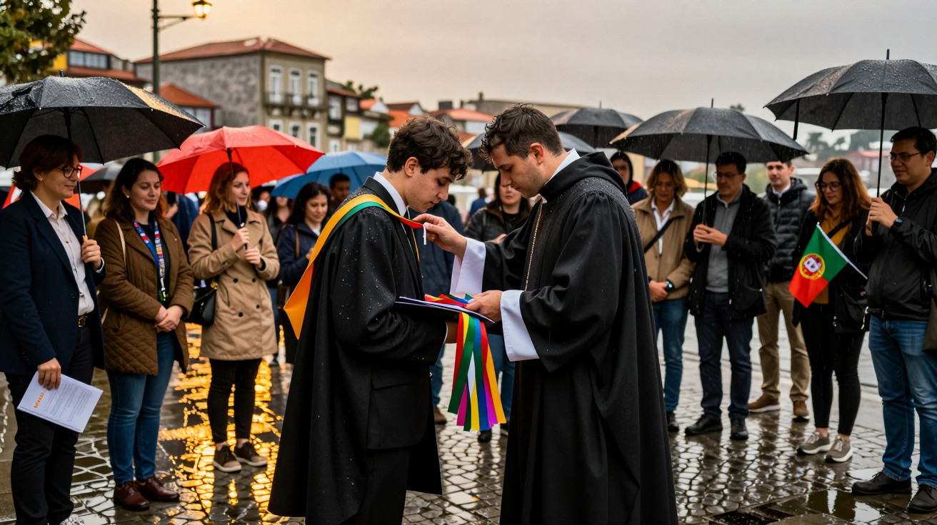 Cerimónia de graduação ao ar livre com chuva, pessoas com guarda-chuvas e estudante a receber faixa colorida.