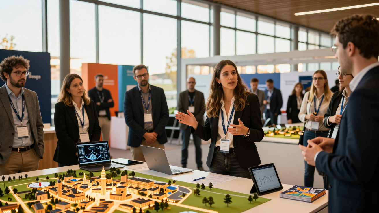 Grupo de pessoas em reunião a discutir projeto com maquete e computadores numa sala iluminada.
