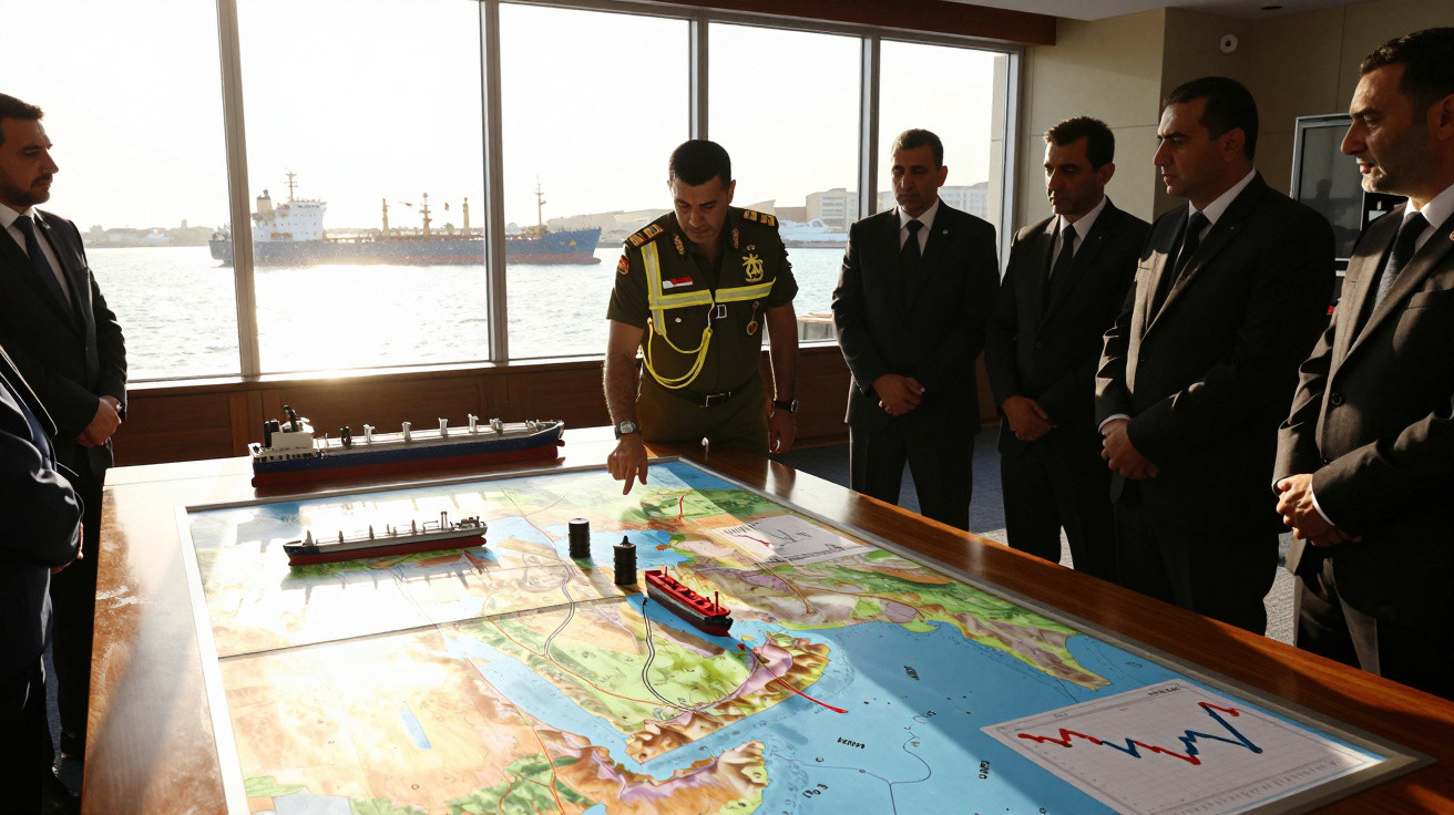 Homens em fato e militar ao redor de mesa com mapa e maquetes de navios, janela mostra porto e navio ao fundo.