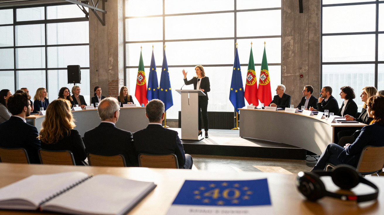 Reunião formal com mulher a discursar num pódio, ladeada por bandeiras de Portugal e da União Europeia.