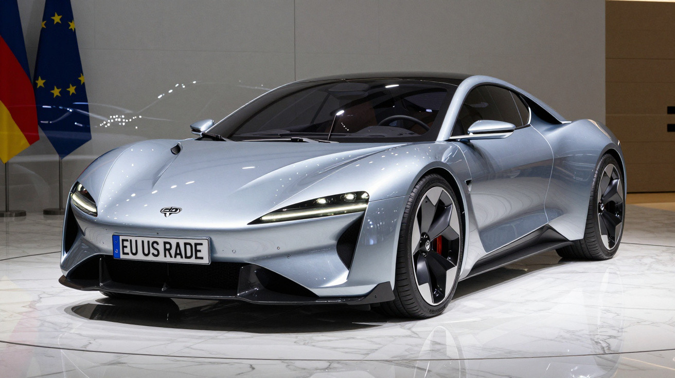 Carro desportivo elétrico prateado com design aerodinâmico exposto em espaço interior moderno.
