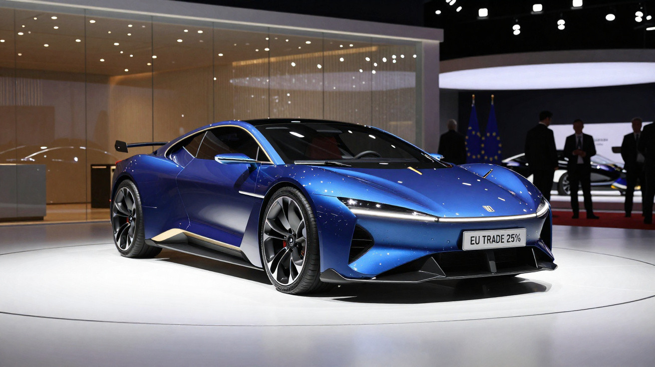 Carro desportivo azul metálico exposto em stand moderno com iluminação suave e fundo com pessoas em sombra.